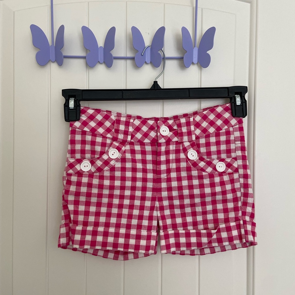EUC | Route 66 girl’s pink white gingham plaid button shorts size 7
